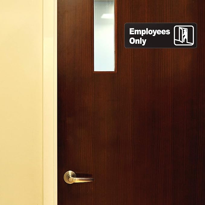 "Employee Only" Informative Acrylic Plastic Sign with Symbols, (4 Pack) 9 X 3 Inch, Self Adhesive, Use for Office/Business, Easy to Apply, White Big Letters on Black Plate