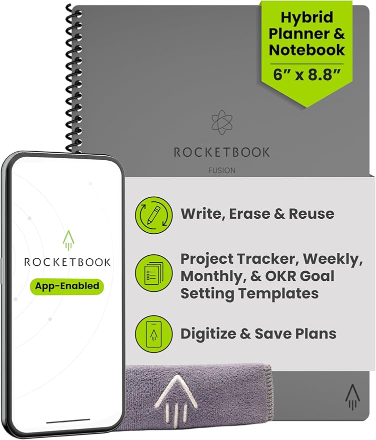 Rocketbook Fusion Hybrid Reusable Planner and Notebook in One, Additional Blank Pages, Goal and Project Tracker, Undated Planner, Executive Size 6x8.8, Grey (Pack of 1)