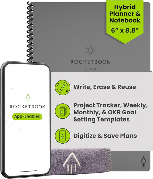 Rocketbook Fusion Hybrid Reusable Planner and Notebook in One, Additional Blank Pages, Goal and Project Tracker, Undated Planner, Executive Size 6x8.8, Grey (Pack of 1)