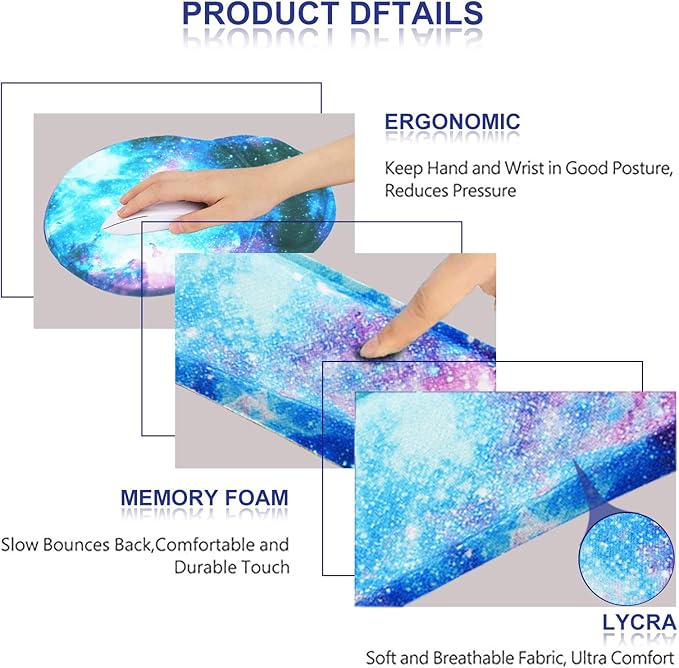 ArtSo Upgraded Wrist Rest Support for Mouse Pad & Keyboard, Ergonomic Gel Mousepad Non-Slip Rubber Base Home,Office Pain Relief & Easy Typing Cushion with Neoprene Cloth & Soft Memory Foam, Galaxy