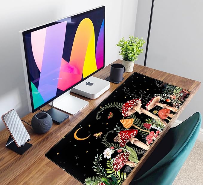 Ferns Leaves Cute Mushrooms Desk Mat Kawaii Green Plants Mouse Pad Xl Mat Large Gaming Desk Pad For Desk Decor Laptop Computer Keyboard Pad Desk Home Office For Women With Stitched Rounds 31.5x15.7 In