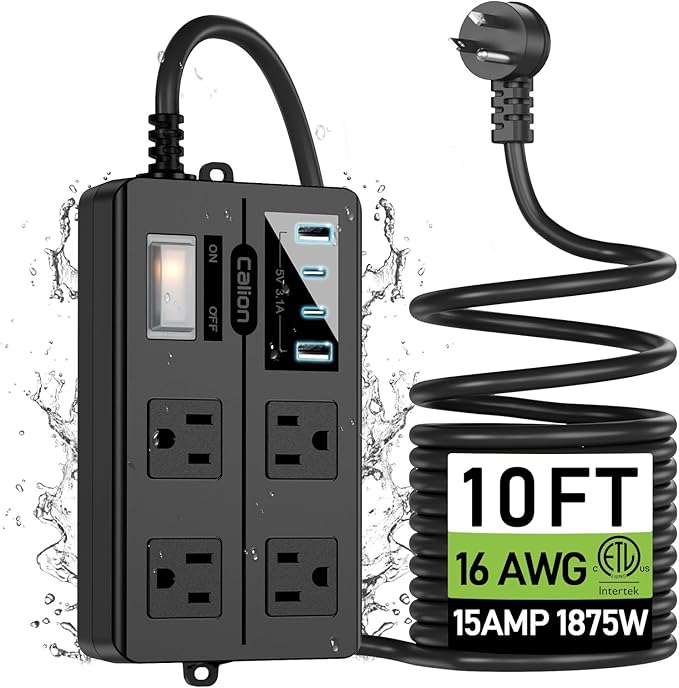 Outdoor Power Strip Weatherproof, IPX6 Waterproof Extension Cord Multiple Outlets with USB Ports, Overload Protection Shockproof,Electrical Power Strip Wall Mountable for Outdoor Decorations…, Black
