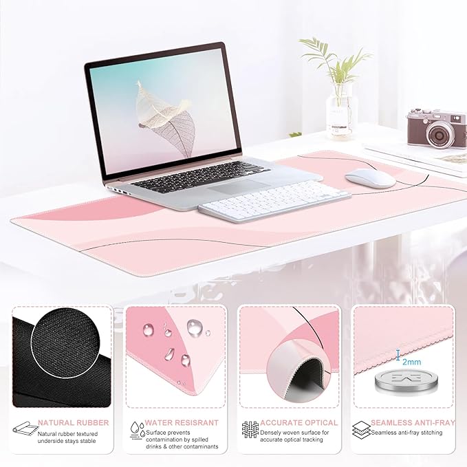 iCasso Large Gaming Mouse Pad Wrist Support Set, Desk Mat, 4in1 XXL Mousepad + Keyboard Wrist Rest+Mouse Wrist Rest+Coaster Set with Ergonomic Design for Home Office Table Computer-Pink Art