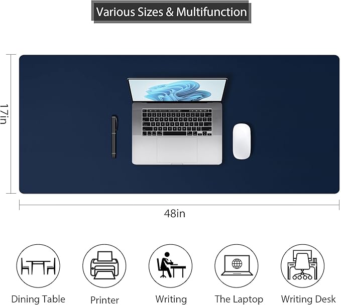 Leather Desk Pad Protector, Mouse Pad, Non-Slip Computer Mat for Desk, PU Leather Office Desk Mat for Home & Office, Waterproof Laptop Desk Blotter for Keyboard and Mouse, Navy (17''X48'')