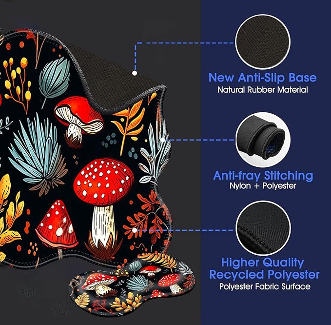 Large Mouse Pad and Keyboard Wrist Rest, Desk Pad for Keyboard and Mouse, 4-in-1 Large Gaming Mouse Pad with Wrist Support, Desk Mat for Home Office Study Game-Vibrant Mushroom and Plant