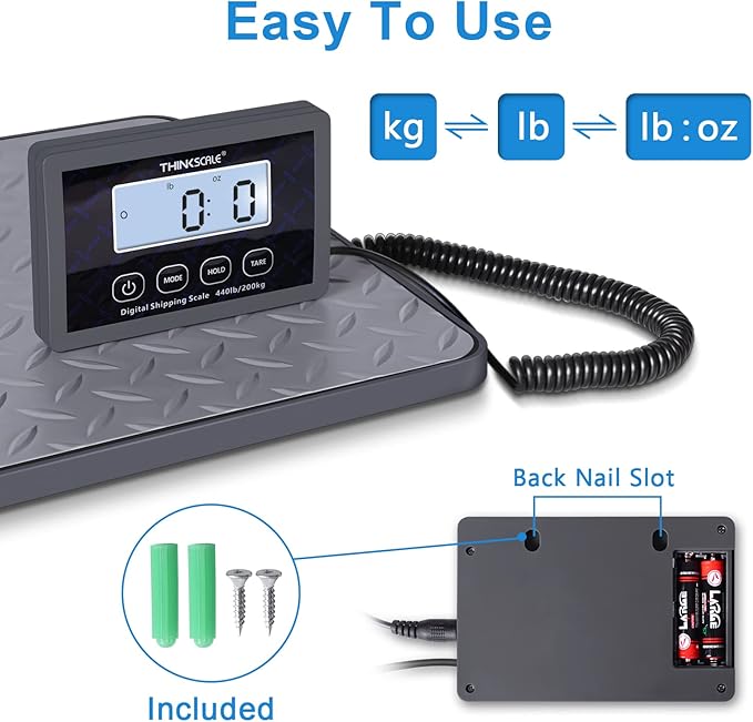 THINKSCALE Digital Shipping Postal Scale, 440 lb/1oz High Accuracy Postage Scale, Hold/Tare Function, Lightweight Scale for Packages/Luggage/Warehouse/Home, Commercial Weight Scale, Battery&AC Adapter