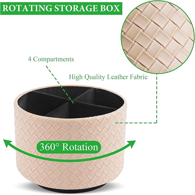 Hennaja Round Leather Art Supply Organizer,Remote Control Holder,360 Degree Spinning,Multi-Functional Pencil Holder,4 Compartments Desktop Stationary Organizer(1-Weave Khaki)