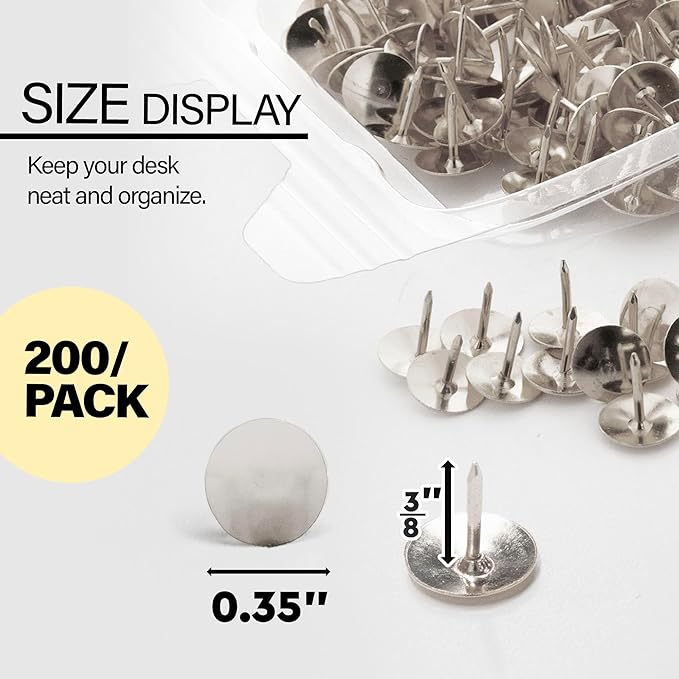 BAZIC Push Pins, Nickel Silver Flat Head Steel Point Thumb Tacks Pin for Cork Bulletin Board Map Posters Picture Office School (200/pack), 1-Pack…