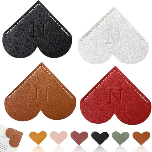 Personalized Leather Heart Bookmark, 26 Letters Customized Corner Book Mark for Reading, Book Holder Markers with Initials Page Book Accessories Cute Gifts (Black+White+Dark Brown+Red,N)