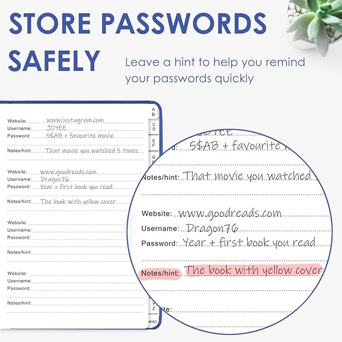 Elegant Password Book with Alphabetical Tabs - Hardcover Password Book for Internet Website Address Login - 7" x 10" Password Keeper and Organizer w/Notes Section & Back Pocket（Royal Blue）