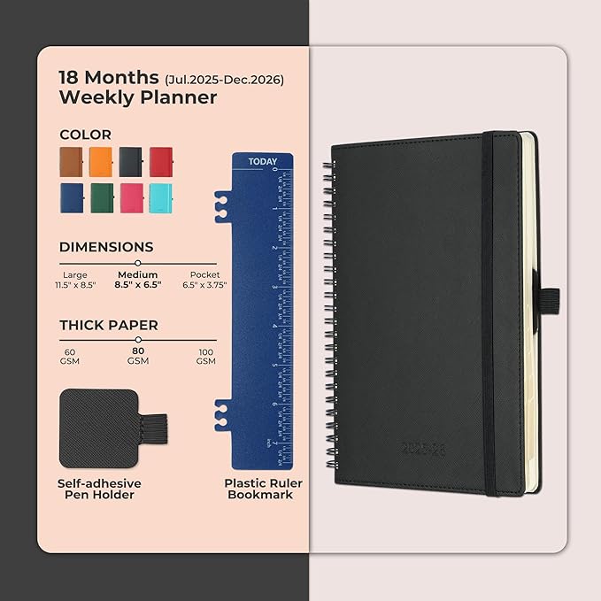 Planner 2025-2026 Daily Weekly and Monthly,8.5"x6.5",18 Months Spiral Bound Calendar Agenda with Self-adhesive Pen Holder,2026 Academic Plan with Vegan Leather Soft Cover,Black