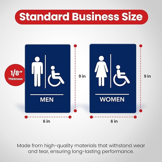 Promot Men and Women Handicap Restroom Sign – ADA Braille Bathroom Sign for Business, Self-Adhesive, 9" x 6", Commercial Door Signage, Office Wall Decor - Blue