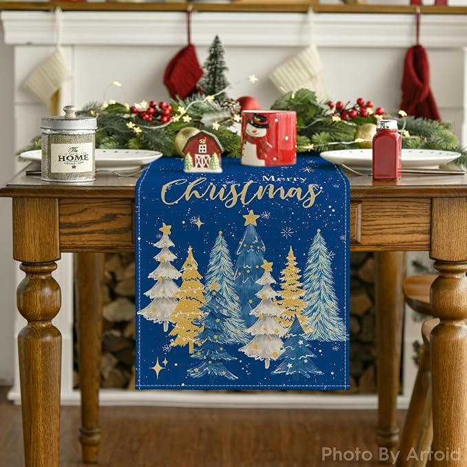 Artoid Mode Xmas Trees Merry Christmas Table Runner, Seasonal Winter Blue Kitchen Dining Table Decoration for Home Party Decor 13x72 Inch