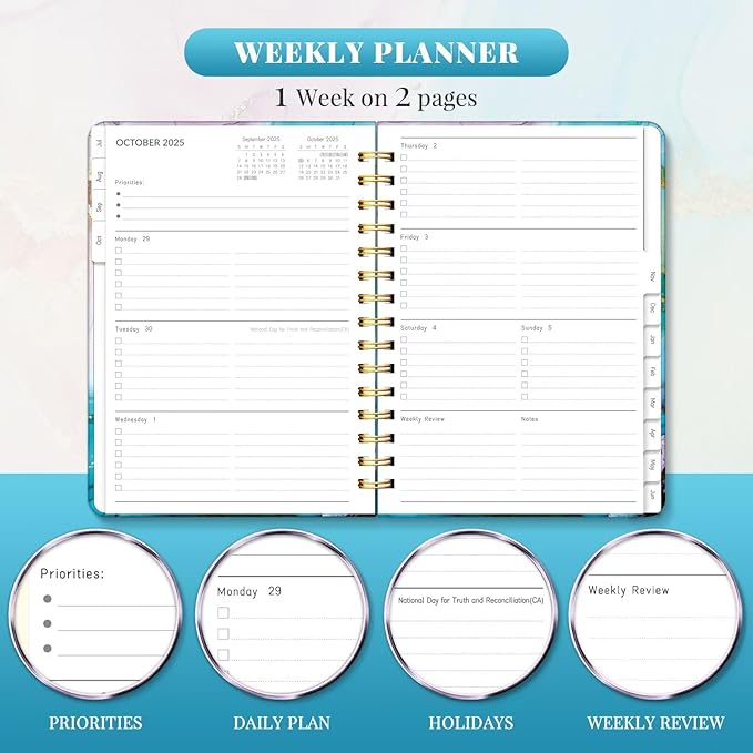 Lonely Oak Academic Planner 2025-2026, Daily Weekly and Monthly Calendar Planner 6.18" x 8.5" with Tabs, Spiral School Year A5 Agenda from JUL.2025 to JUN.2026 for Student and Teacher (Cyan Marble)