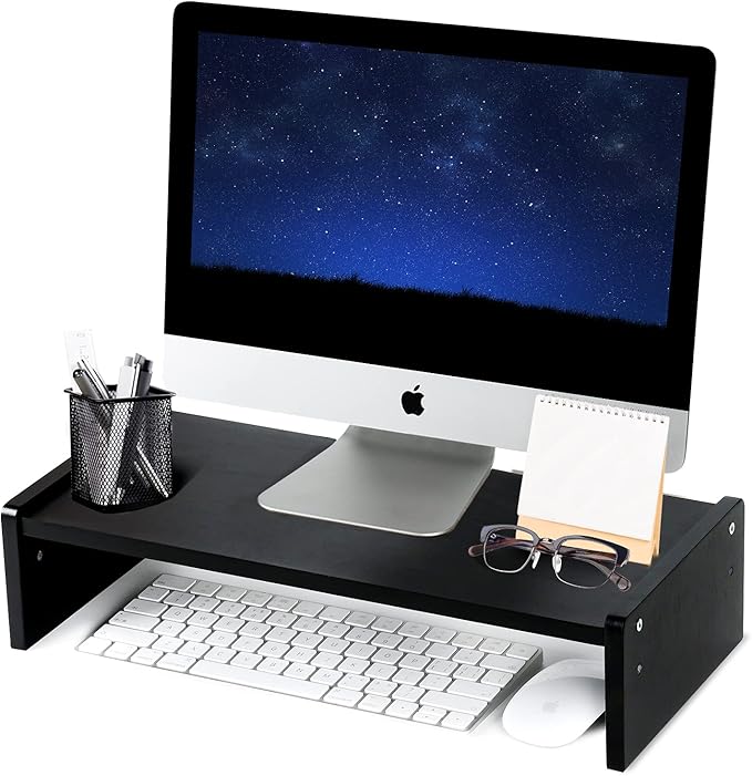 KINLINK Solid Wood Monitor Stand Riser, Monitor Riser with 2 Adjustable Height, 15.8 inch Computer Riser for Computer, iMac, PC, Printer, Computer Monitor Stand for Home & Office, Black