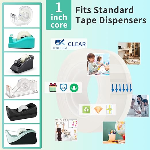 OWLKELA 16 Rolls Transparent Tape Refills, Clear Tape, All-Purpose Transparent Glossy Tape for Office, Home, School