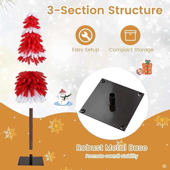 Happygrill 5 FT Artificial Christmas Tree, Candy Cane Xmas Tree with 301 Branch Tips, 100 Warm White LED Lights & Metal Base, Holiday Decoration Tree for Party Carnival