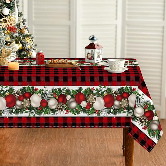 Horaldaily Christmas Tablecloth 60×140 Inch, Christmas Ball Ornaments Red Bufalo Plaid Washable Table Cover for Party Picnic Dinner Decor