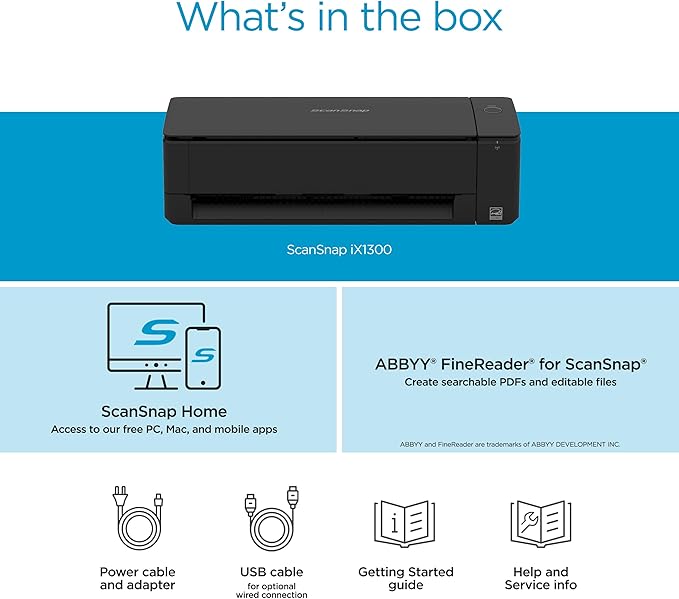 ScanSnap iX1300 Compact Wireless or USB Double-Sided Color Document, Photo & Receipt Scanner with Auto Document Feeder and Manual Feeder for Mac or PC, Black