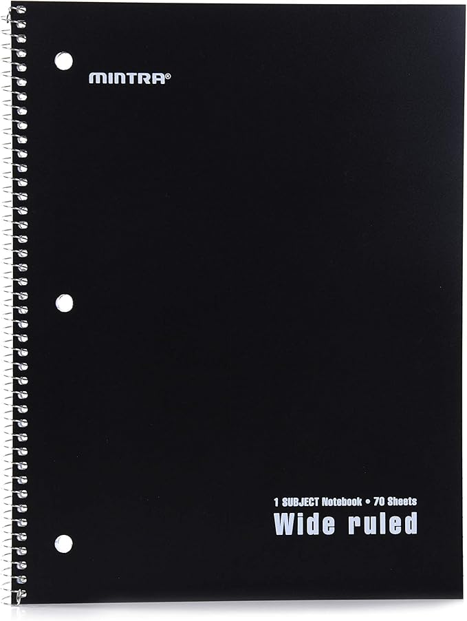 Mintra Office Spiral Notebooks - 1 Subject, Poly Cover, 70 Sheets, WIDE Ruled, 8in x 10in, Bulk Pack, Primary Color Waterproof Covers, Set of 6 - for School, Office, Business, Professional (04658)