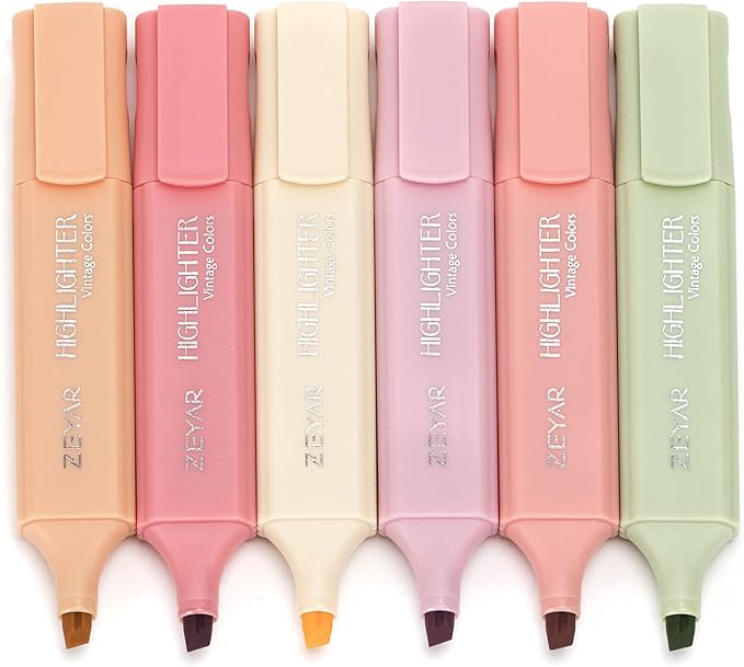 ZEYAR Highlighter Pen, vintage colors- Romantic Chisel Tip, Water Based, Quick Dry, No Bleed, for Bible Study Notes School Office (6 Romance colors)