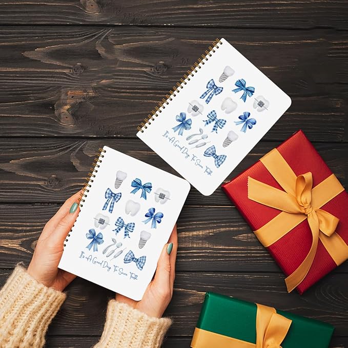CFGBFDGH 2Pcs Blue Bow Spiral Notebooks for Work, Dental Hygienist Gifts for Women Coworker, A5 Hardcover Notebook Journal, Blue Notebook Travel Journal for Writing Office Note Taking, 8.3x5.8inch