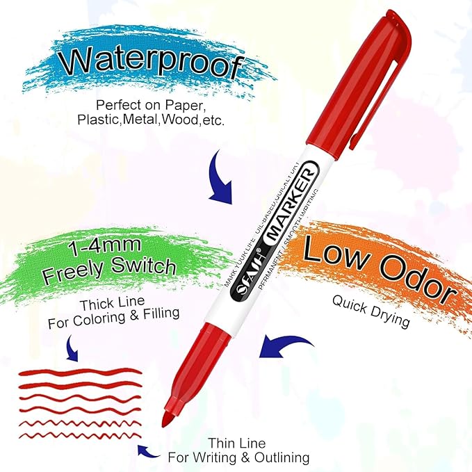 SFAIH 24 Colors Permanent Markers - Assorted Vibrant Colors, Quick Drying, Fade Resistant, Alcohol-Based Fine Point Permanent Markers for Paper, Plastic, Wood, Coloring, Drawing Doodling, Waterproof