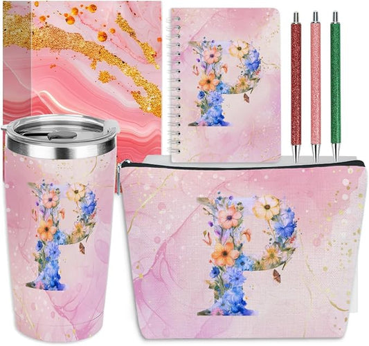 Personalized Gifts Monogrammed Birthday Gifts for Women, Mommy, Female Going Away Christmas, Initial 20 oz Tumbler, Makeup Cosmetic Bag Cup Pens Journal Notebook 6 Set, (Aesthetic Pink Flower P)