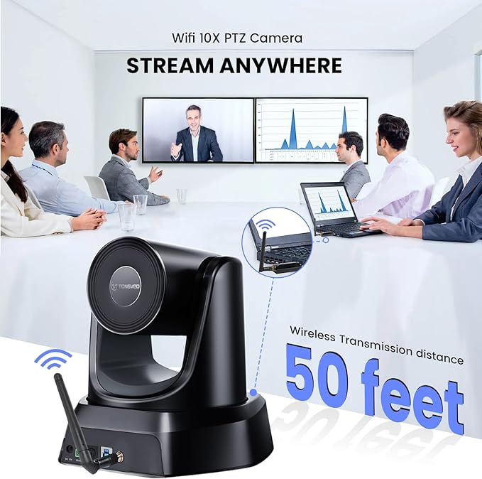 Wireless Conference Room Webcam, Church Live Streaming 10X USB 1080P 60fps PTZ Camera for Worship Services Online Conference, Works with Zoom, Skype OBS