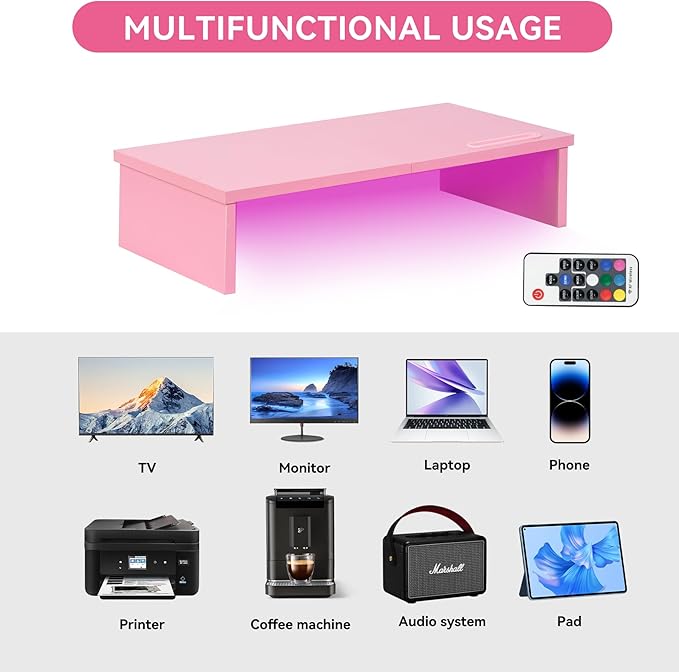 21" Monitor Stand Riser with LED Lights and Phone Holder, Monitor Stand for Desk, Computer Monitor Stand, Desk Shelf for Top of Desk, Desktop Organizer for Laptop, Printer, TV