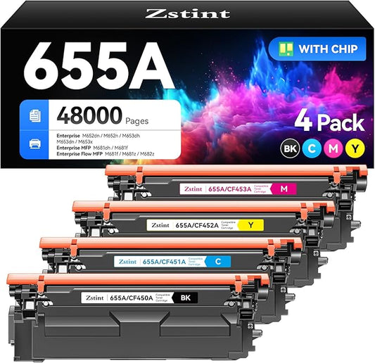 655A Toner Cartridge set 4-Pack Replacement for HP 655A CF450A CF451A CF452A CF453A Compatible with HP Color LaserJet Enterprise Flow MFP M681f M682z M652n M653dh Printer Ink Black Cyan Magenta Yellow