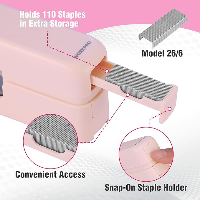 WORKPRO 2-in-1 Stapler with Staples, Pink Stapler with Staple Remover, 40 Sheet Capacity, Flat Clinch, Storage Space, Includes 2000 Standard Staples - Non-Slip Office Staplers for Desk, Pink Ribbon