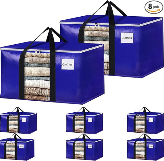 BlissTotes 8 Pack Moving Bags with Clear Window, Storage Bags with Strong Carrying Handles & Zippers,Large Packing Bags for Saving Space, Alternative to Moving Boxes(Blue,24 Gallon)