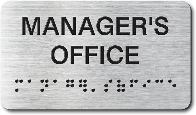 Manager's Office Signs with Raised Text & Grade 2 Braille, Brushed Aluminum/Silver Finish Easy Install with Double-Sided Tape, ADA Compliant Office Door Sign