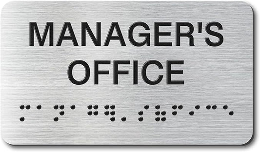 Manager's Office Signs with Raised Text & Grade 2 Braille, Brushed Aluminum/Silver Finish Easy Install with Double-Sided Tape, ADA Compliant Office Door Sign