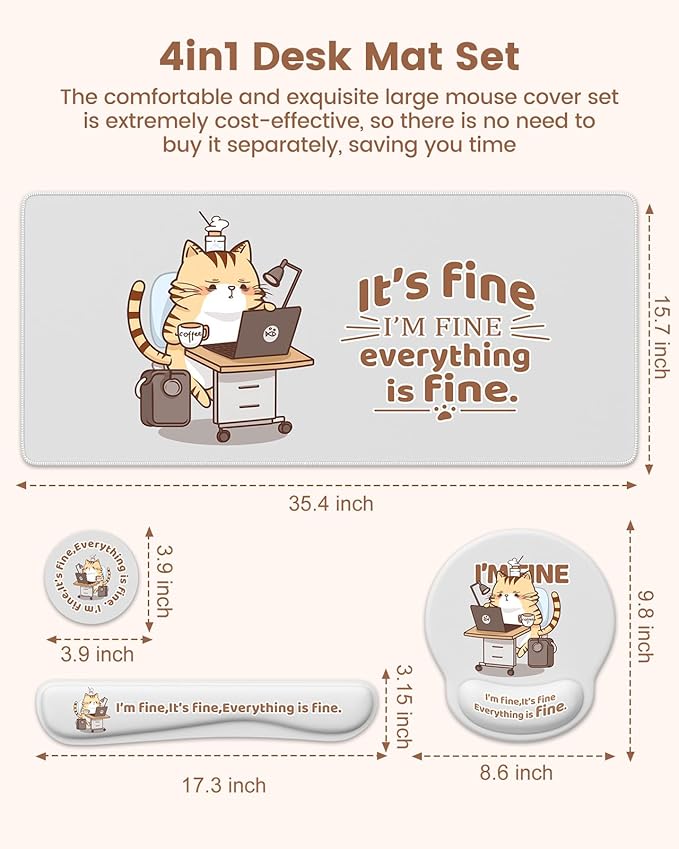 HAOCOO 4-in-1 Desk Cover Mat, Ergonomic Keyboard Wrist Rest, Wrist Support Mousepad with Coaster Set, Extended Desktop Pad Waterproof, Non-Slip Base Desk Accessories Mat for Office Decor