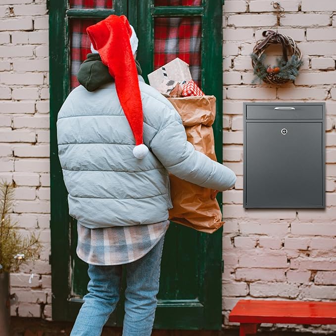 Locking Mailbox with Key for Outdoor 18 x 15 x 7 Inches Large Wall Mount Mail Box with Lock Security Mail Drop Metal Collection Boxes Hanging Secure Postbox(Dark Gray)