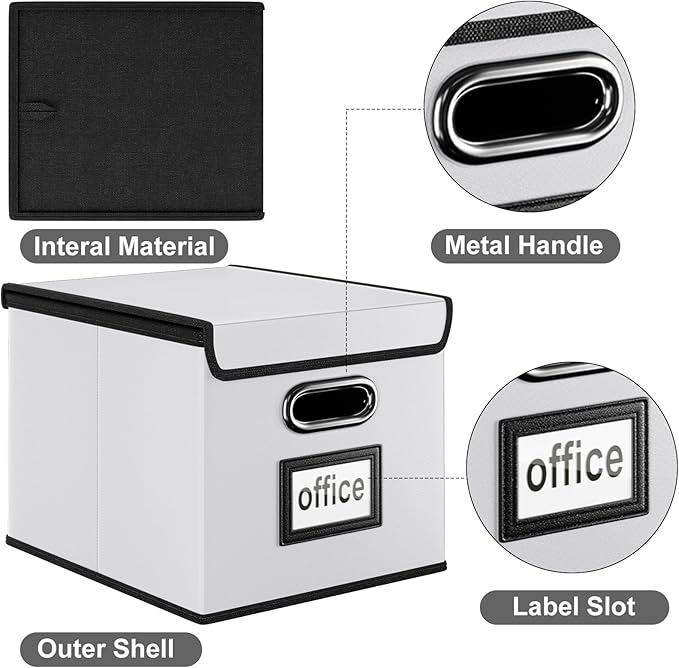 Huolewa File Organizer Box with Lid, Collapsible Faux Leather Hanging File Folder Box Organizer with Plastic Slides, Decorative Home/Office Filing System Boxes for File and Folders Storage