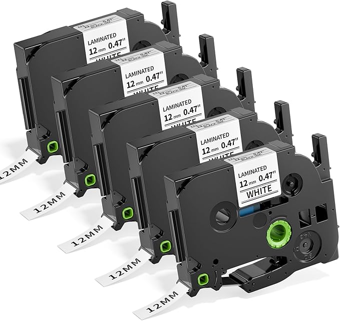 Replacement for Brother Ptouch Label Tape TZe-231 12mm 0.47" Laminated White Tape TZe231 Compatible with P Touch Label Maker Refills PT-D210 D220 1880 1890, 1/2 Inch TZ Black on White, 5-Pack