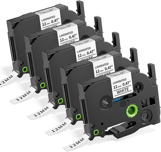 Replacement for Brother Ptouch Label Tape TZe-231 12mm 0.47" Laminated White Tape TZe231 Compatible with P Touch Label Maker Refills PT-D210 D220 1880 1890, 1/2 Inch TZ Black on White, 5-Pack