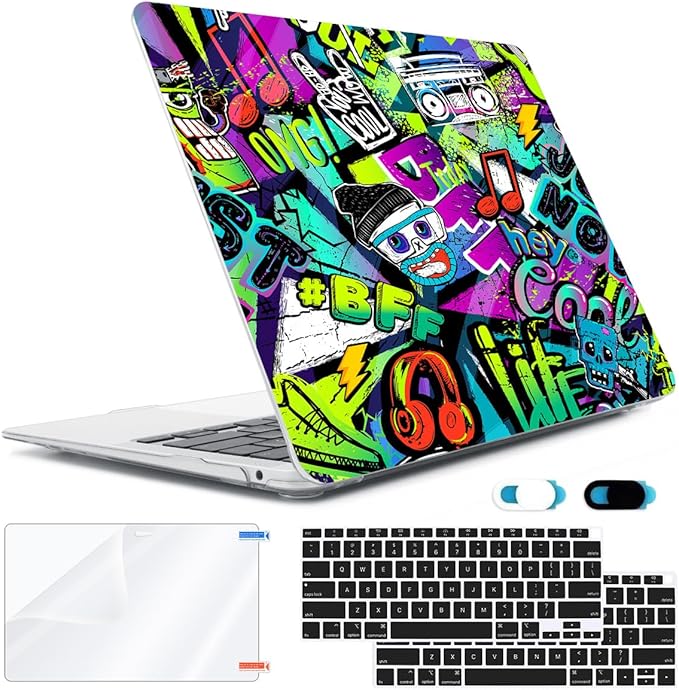 Compatible with MacBook Air 13 inch Case 2022 2021 2020-2018 Release M1 A2337 A2179 A1932 with Touch ID, Hard Print Case + Keyboard Cover + Webcam Cover + Screen Protector, Cool Graffiti