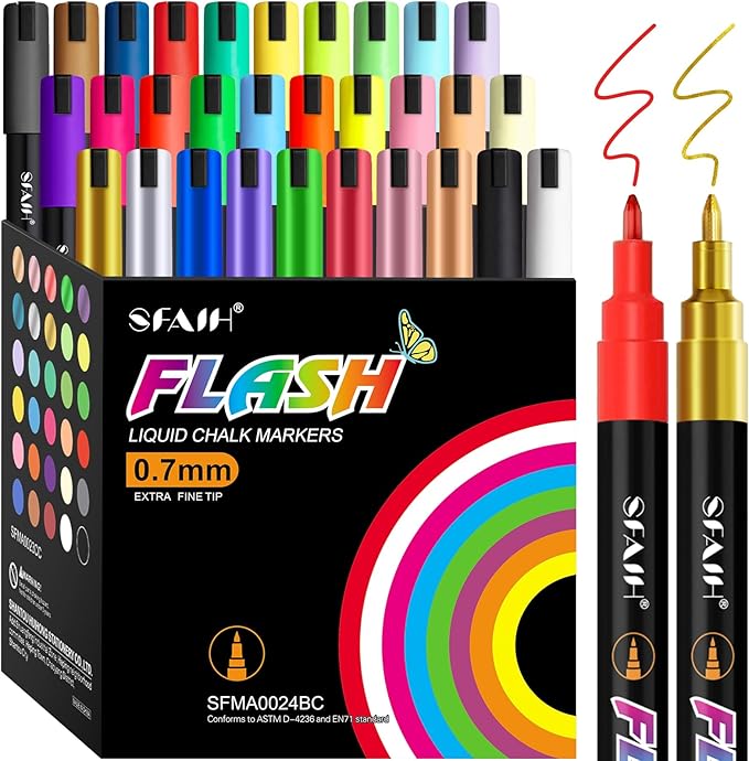 SFAIH Fine Tip Liquid Chalk Markers for Bhalkboard [1-Second Wet Wipe], 0.7-1mm 30 Colors [Neon+Pastel+Metallic], Chalk Pens for Chalkboard, Calendar, Windows, Glass, Includes Highlighter Color Marker