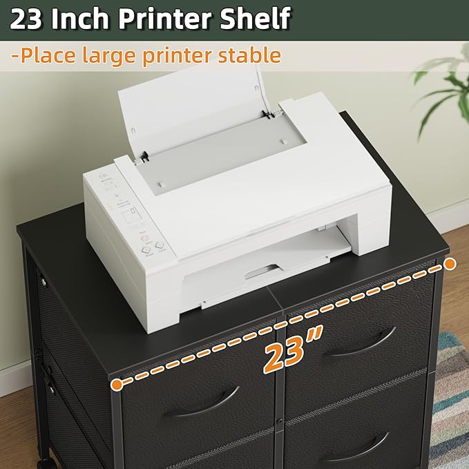 Lateral File Cabinet 4 Fabric Drawer, Mobile Filing Cabinet for Large Printer, Home Office Functional Small Office Storage Cabinet & Printer Stand, Fits Letter Size, Black