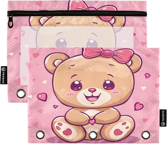 Cute Teddy Bear Pencil Pouch for 3 Ring Binder, 2 Pack Waterproof Pencil Bags Clear Window Zipper School Office Supplies