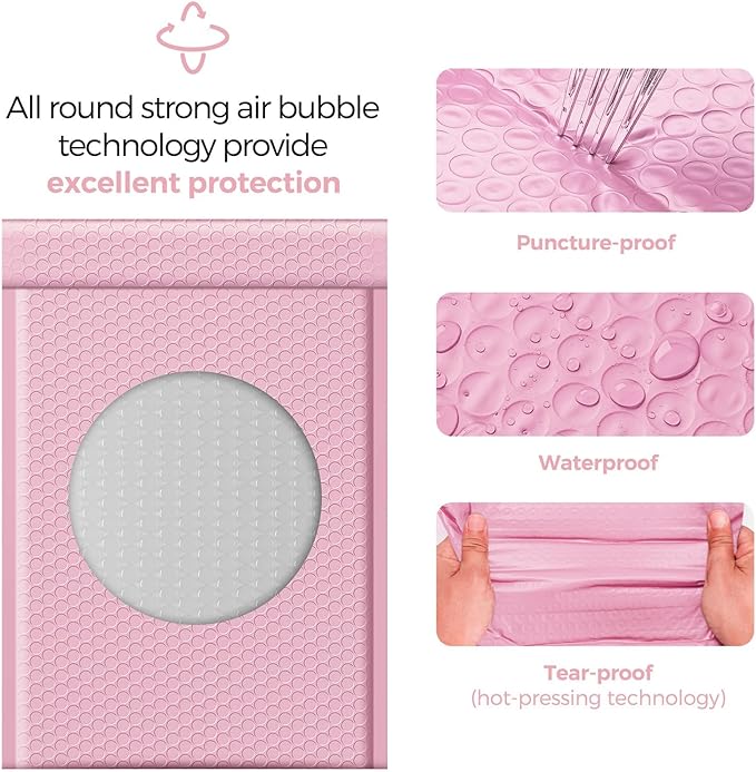 Fuxury Bubble Mailers 10.5x16#5 Light Pink,Self Seal Strong Adhesive Poly Padded Envelopes,Waterproof Bubble Mailing Envelopes,Cushioning Packaging Bags for Books,Clothes, Makeup Supplies 250 Pack