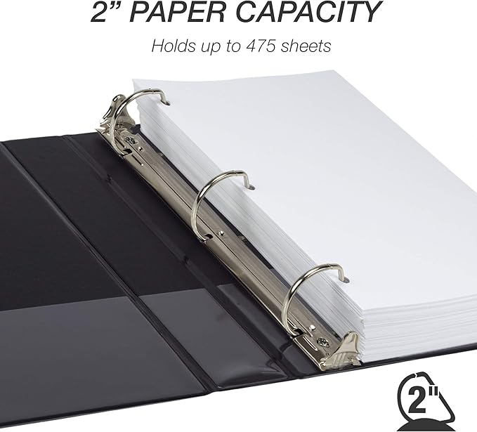 Samsill Durable 2 Inch Binder, Made in The USA, D Ring Binder, Customizable Clear View Cover, Charcoal Black, Holds 475 Pages