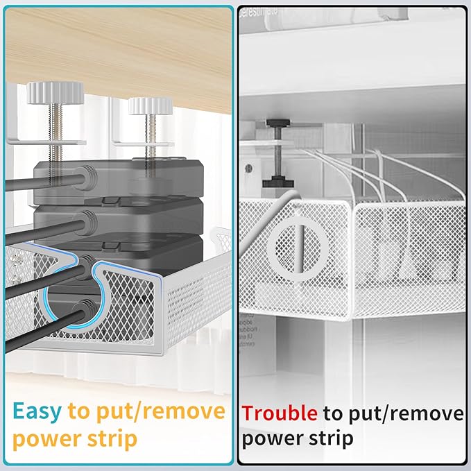 Under Desk Cable Management Tray White, No Drill Desk Cable Management Organizer with Clamp for Desk Wire Management, Desk PC Cord Organizer Accessories & Workspace Organizers for Office, Home(2 Pack)
