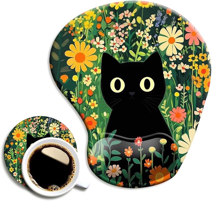 Ergonomic Mouse Pad with Wrist Support,Mouse Pad with Wrist Rest and Coaster Set,Office Supplies Non-Slip Mouse Pads for Desk, Non-Slip Comfortable,Cute Black Cat