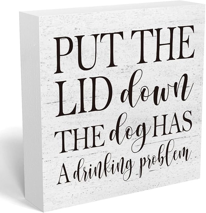 mmiishe Put the Lid Down the Dog Has a Drinking Problem Wooden Box Sign Decorative Funny Bathroom Wood Box Sign Home Decor Rustic Farmhouse Square Desk Decor Sign for Shelf 5 x 5 Inches