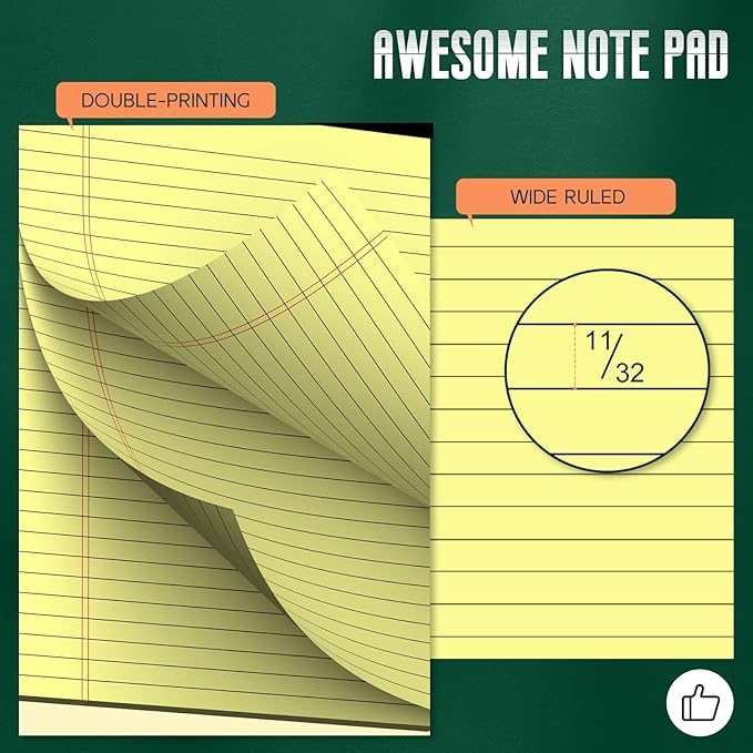 24 Pack Yellow Legal Pads 8.5 x 11 Note Pads, Wide Ruled Notepads, Micro Perforated Lined Note Writing Pads 30 Sheets per Notepad Double-Side Printed Legal Note Pad 8.5x11 for Home, Office, School